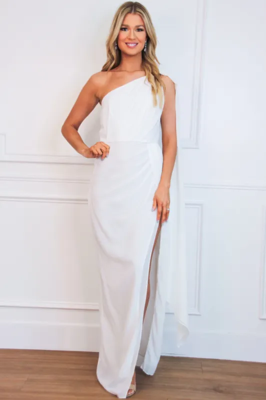 Athena One Shoulder Cape Sleeve Maxi Dress: White sold by Bella and Bloom