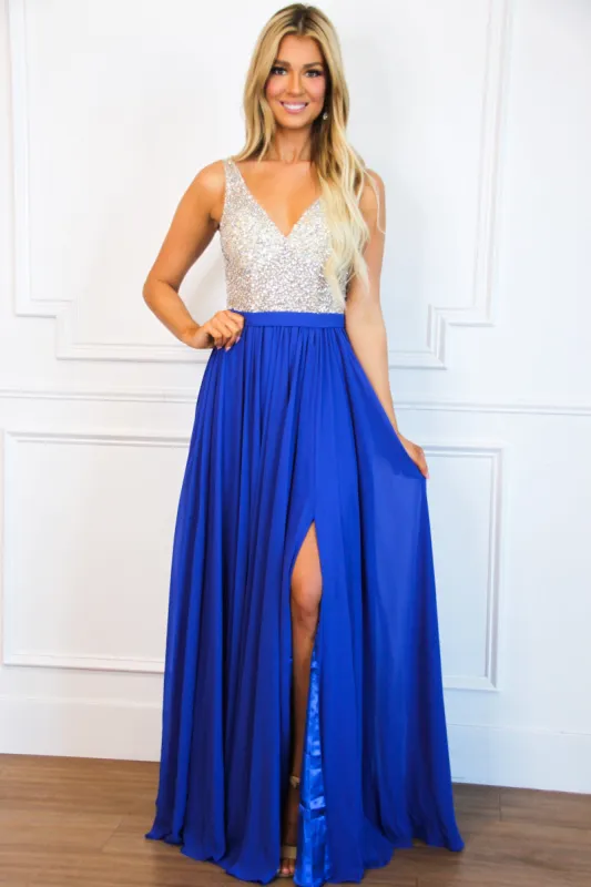 Elegant Affair Beaded Formal Dress: Royal Blue sold by Bella and Bloom