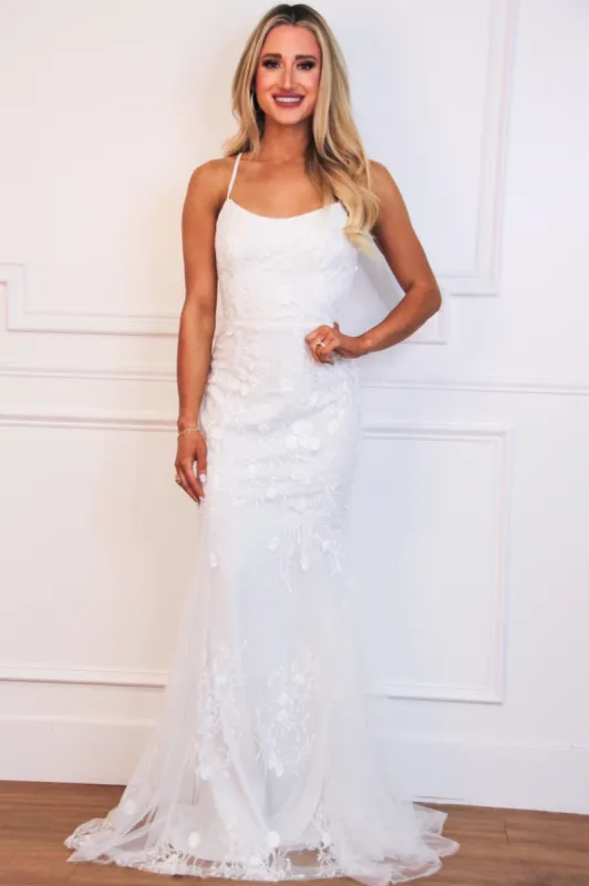 Forever Girl Lace Open Back Maxi Dress: White sold by Bella and Bloom