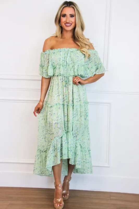 Maisie Off Shoulder Floral Midi Dress: Green Multi sold by Bella and Bloom