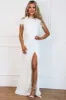 Midnights Sequin One Shoulder Feather Maxi Dress: White sold by Bella and Bloom