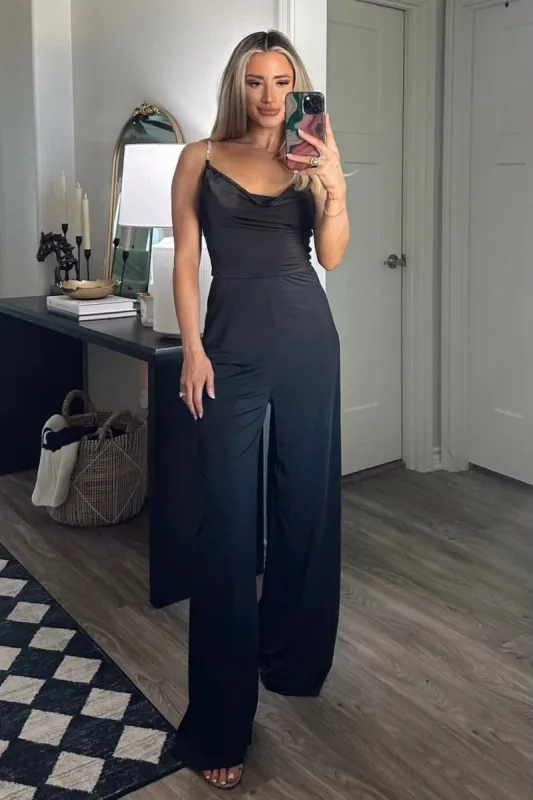 Lewis Embellished Strap Cowl Neck Jumpsuit: Black sold by Bella and Bloom