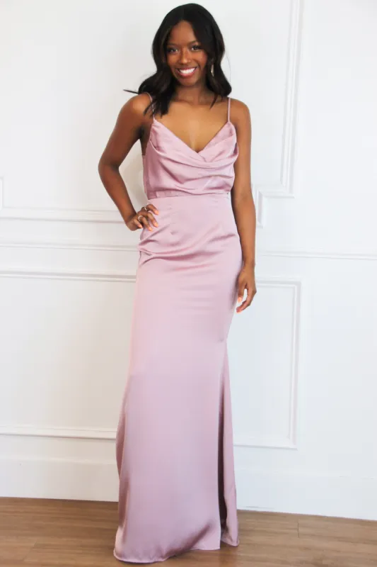 Alice Satin Bow Back Maxi Dress: Dusty Mauve sold by Bella and Bloom