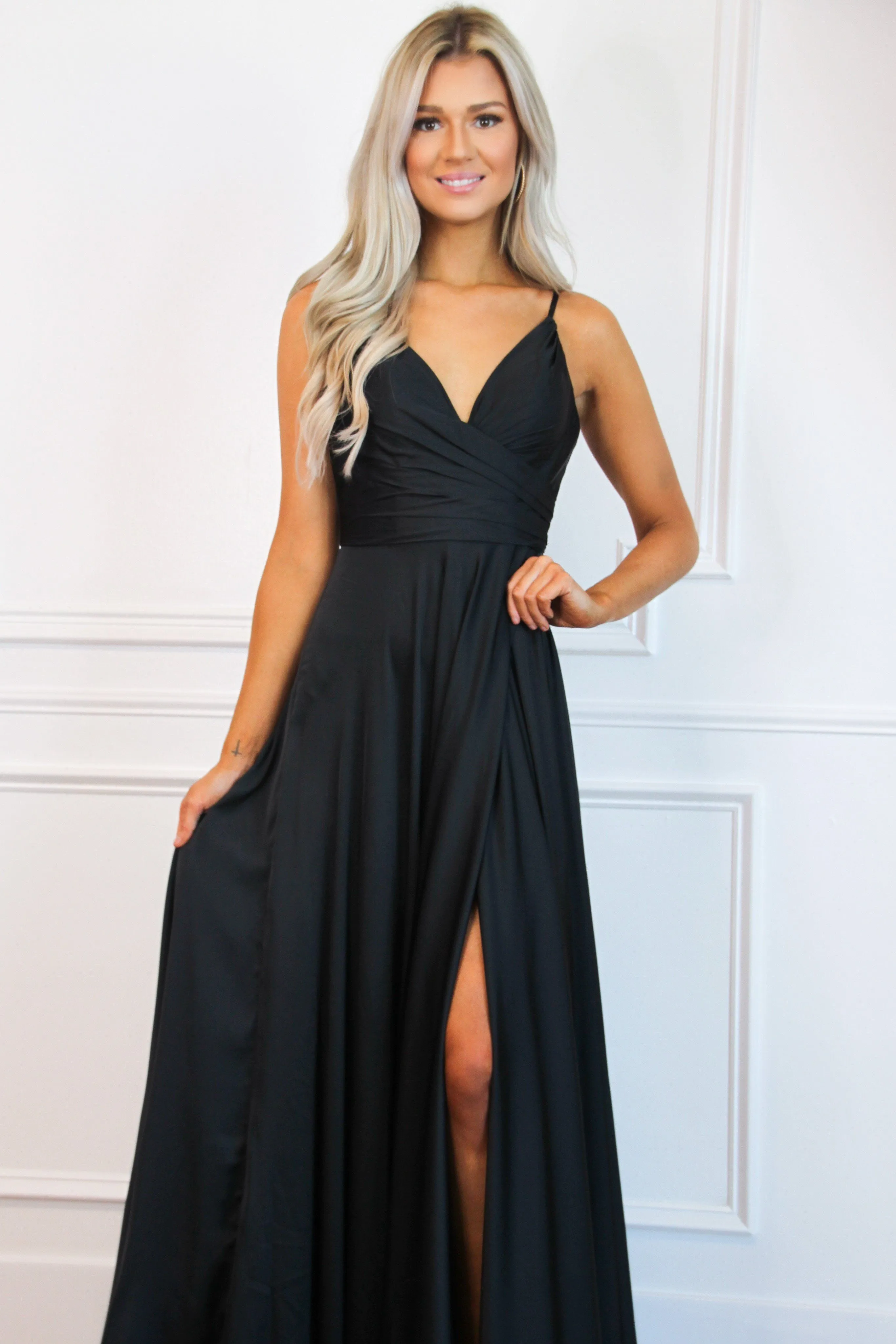 Ella Satin Slit Formal Dress: Black sold by Bella and Bloom product image thumbnail 2