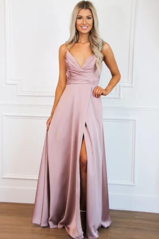 Adelaide Slit Satin Formal Dress: Mauve sold by Bella and Bloom