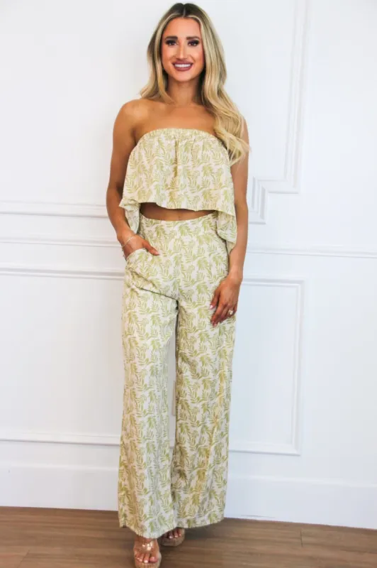 June Printed Strapless Open Back Crop Top: Light Green/Cream sold by Bella and Bloom