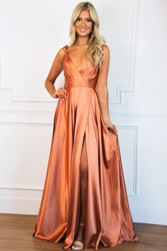 Born to Love You Satin Slit Formal Dress: Rust sold by Bella and Bloom