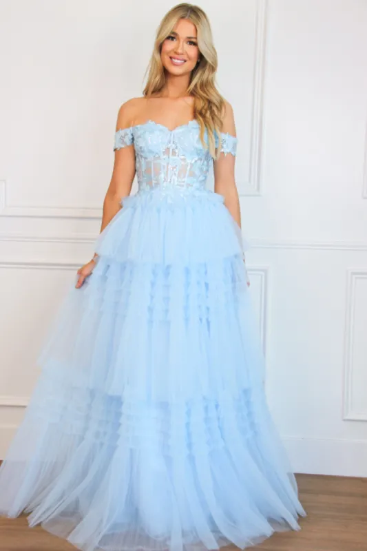 Vienna Sparkly Lace Bustier Tulle Ruffle Formal Dress: Light Blue sold by Bella and Bloom