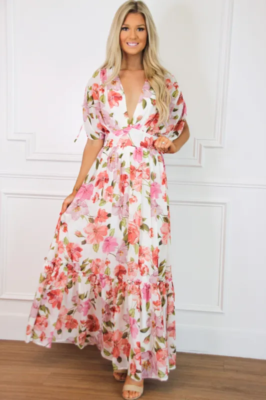 New Blossoms Floral Maxi Dress: White Multi sold by Bella and Bloom