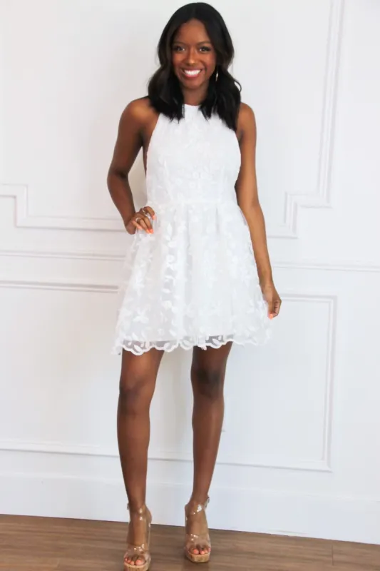 Way to My Heart Lace Halter Dress: White sold by Bella and Bloom