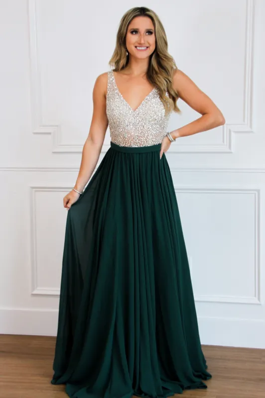 Elegant Affair Beaded Maxi Dress: Emerald sold by Bella and Bloom