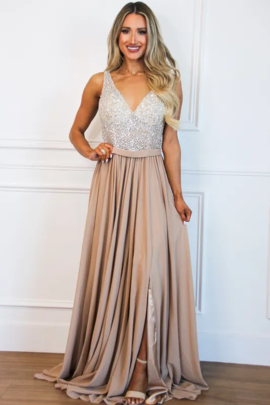 Elegant Affair Beaded Formal Dress: Taupe sold by Bella and Bloom