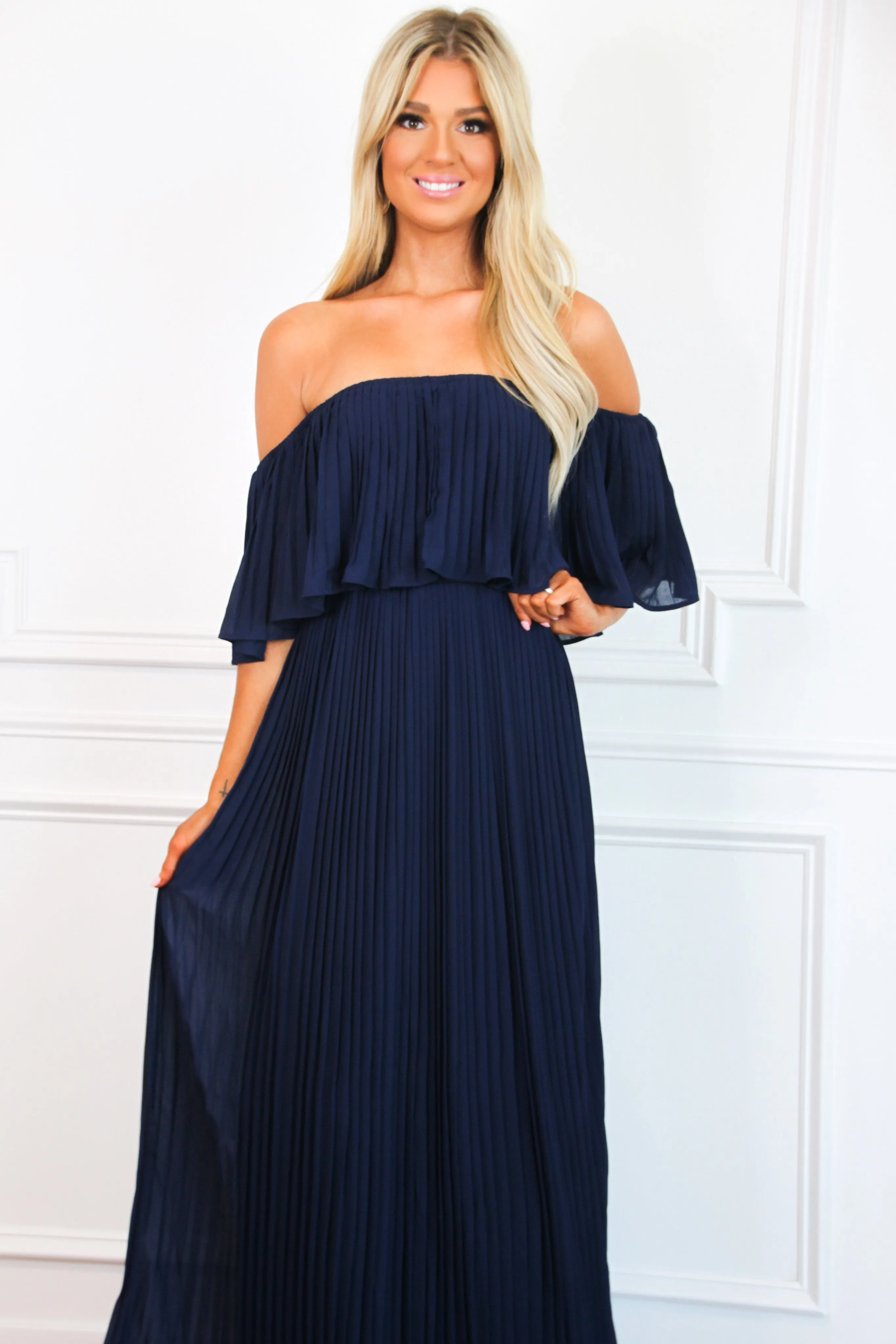 Say You Love Me Pleated Maxi Dress: Navy sold by Bella and Bloom product image thumbnail 2