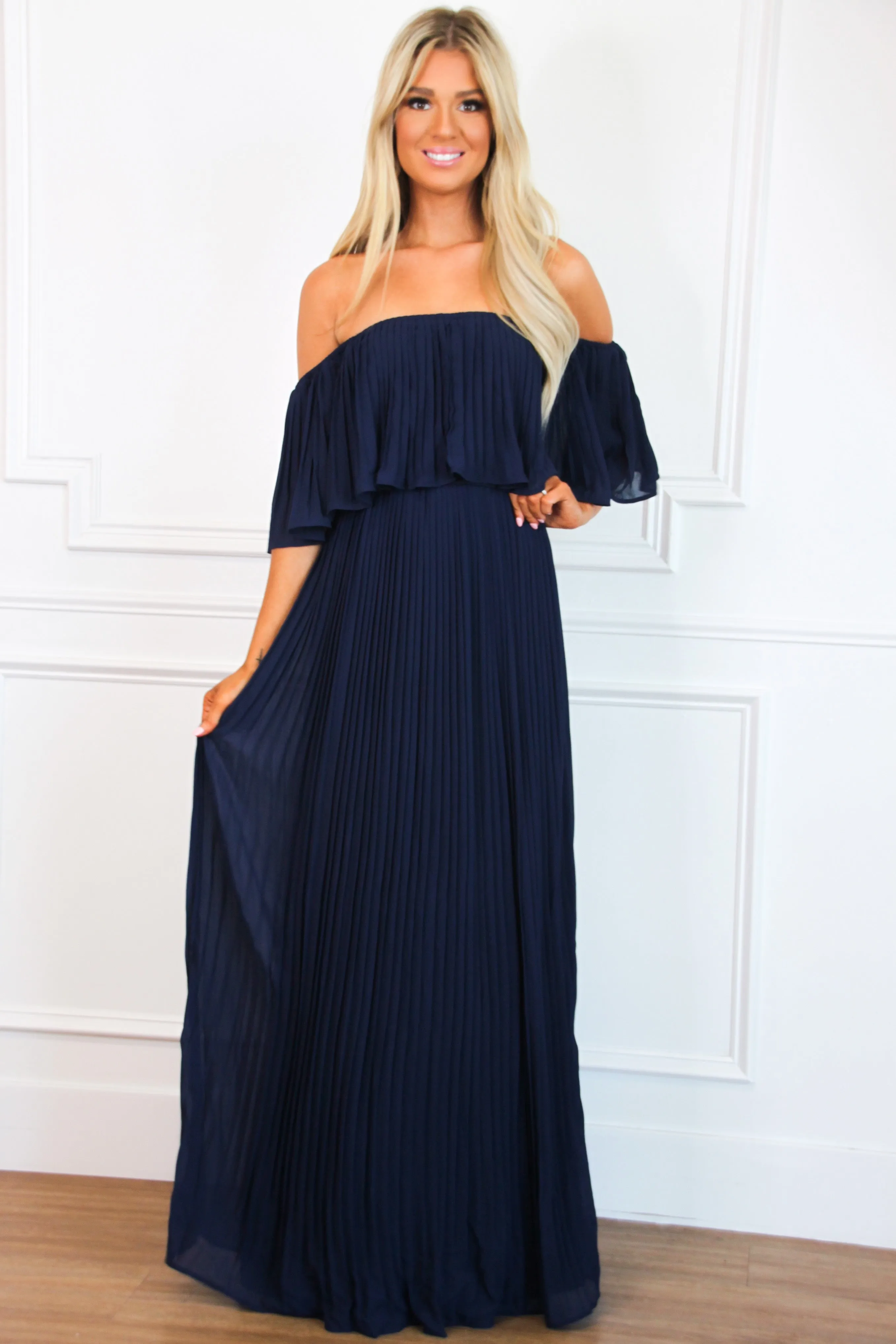 Say You Love Me Pleated Maxi Dress: Navy sold by Bella and Bloom