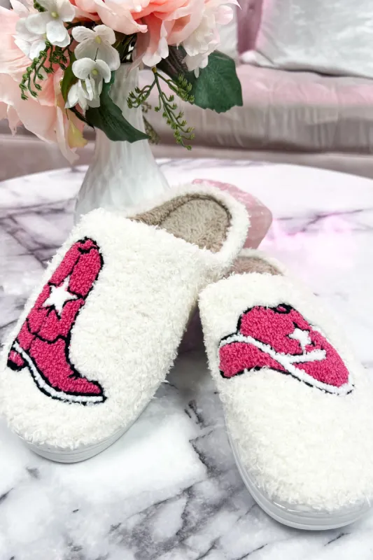 Cowgirl Cutie Fuzzy Slippers: White/Hot Pink sold by Bella and Bloom