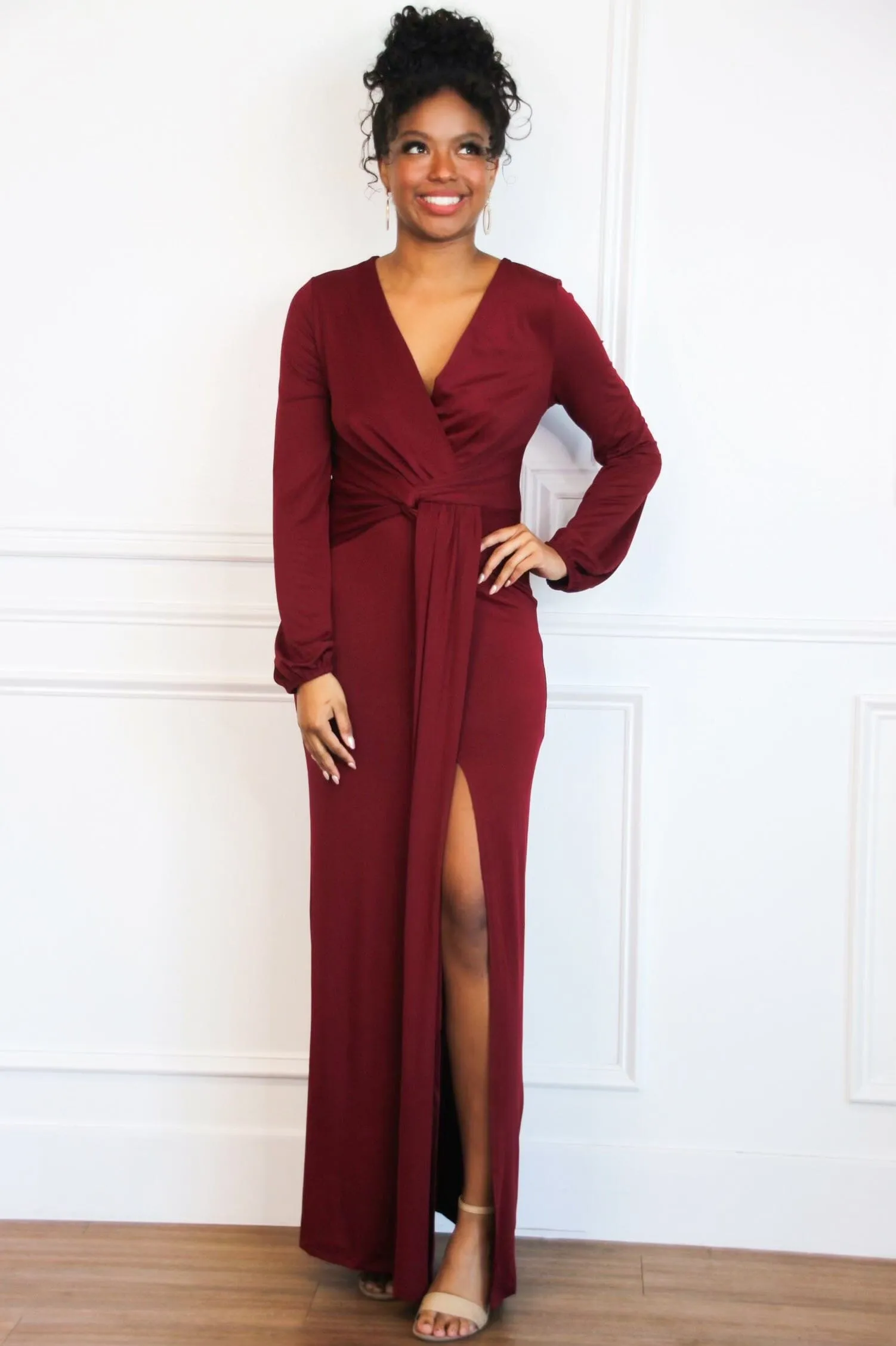 Phoebe Long Sleeve Maxi Dress: Burgundy sold by Bella and Bloom