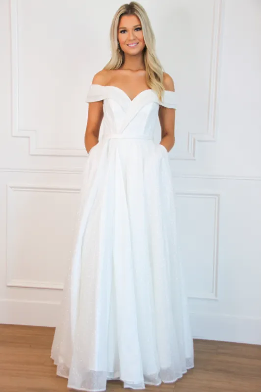 A Cinderella Story Off Shoulder Sparkly Wedding Dress: White sold by Bella and Bloom