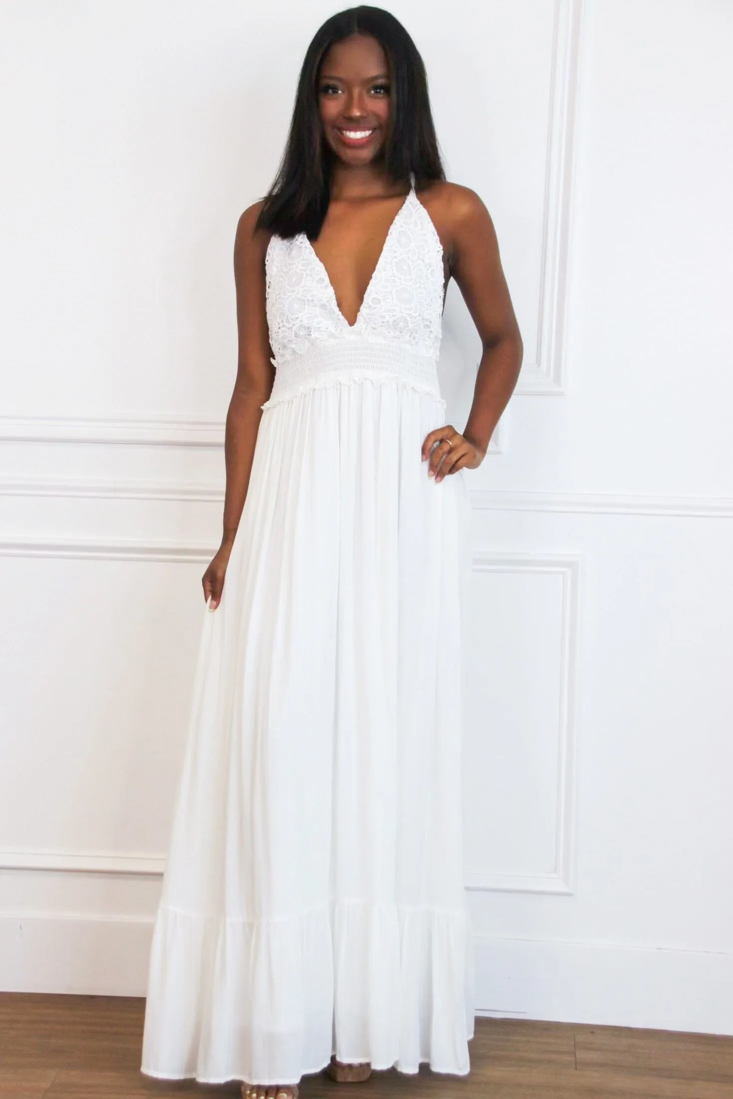 Heart First Lace Maxi Dress: White sold by Bella and Bloom