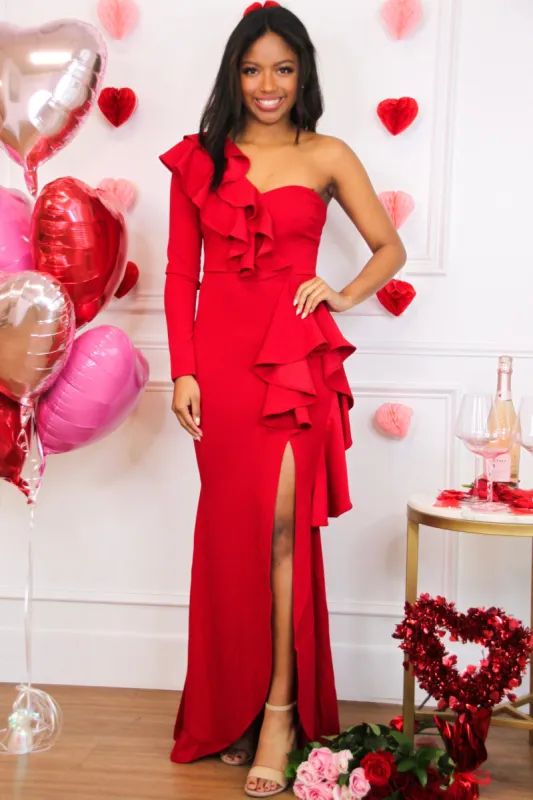 Because of You One Shoulder Dress: Red sold by Bella and Bloom