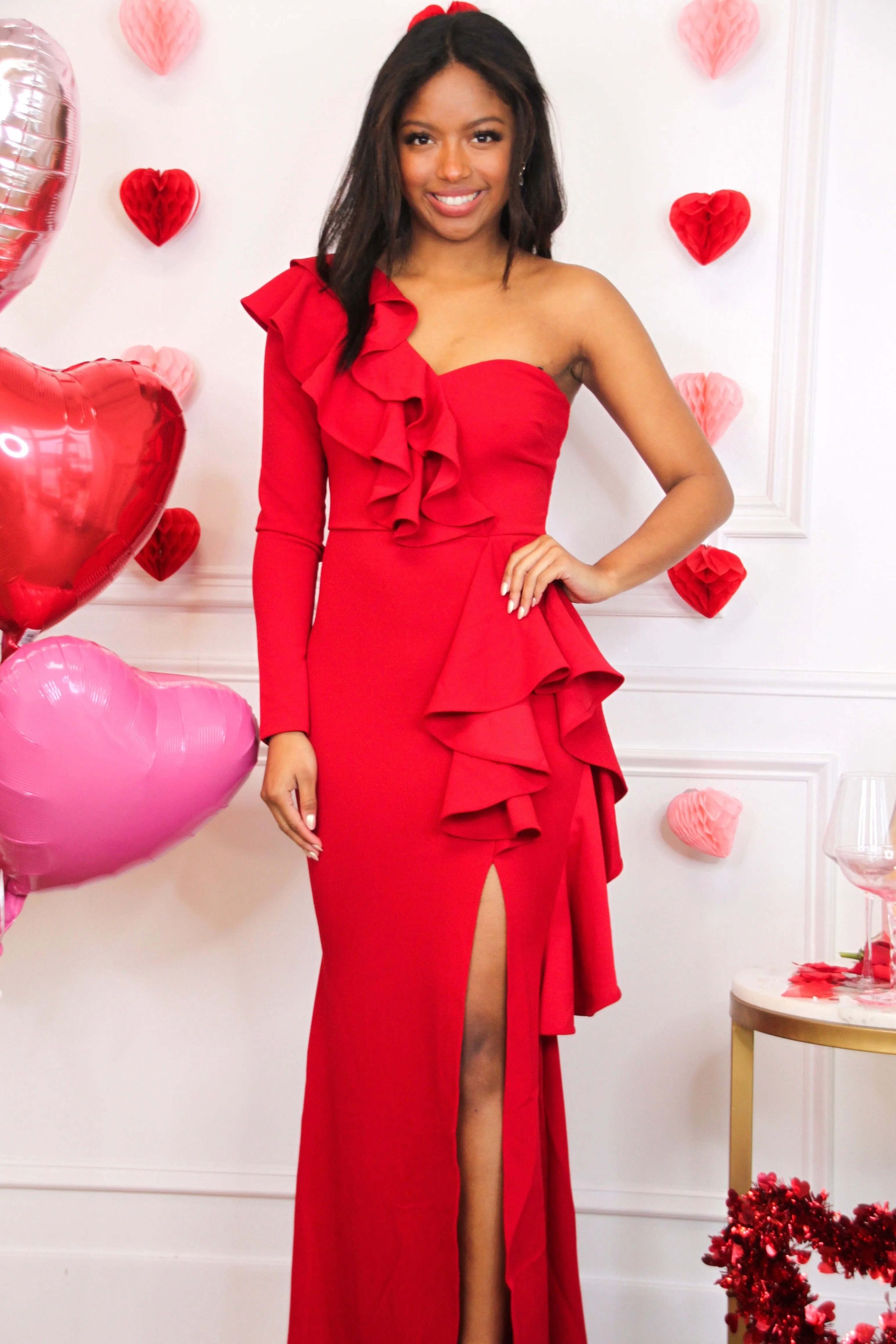 Because of You One Shoulder Dress: Red sold by Bella and Bloom product image thumbnail 2