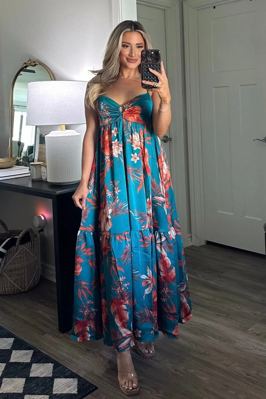 Maui Moves Floral Midi Dress: Teal Multi sold by Bella and Bloom