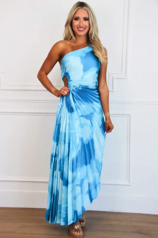 Feel the Waves One Shoulder Pleated Maxi Dress: Blue Multi sold by Bella and Bloom