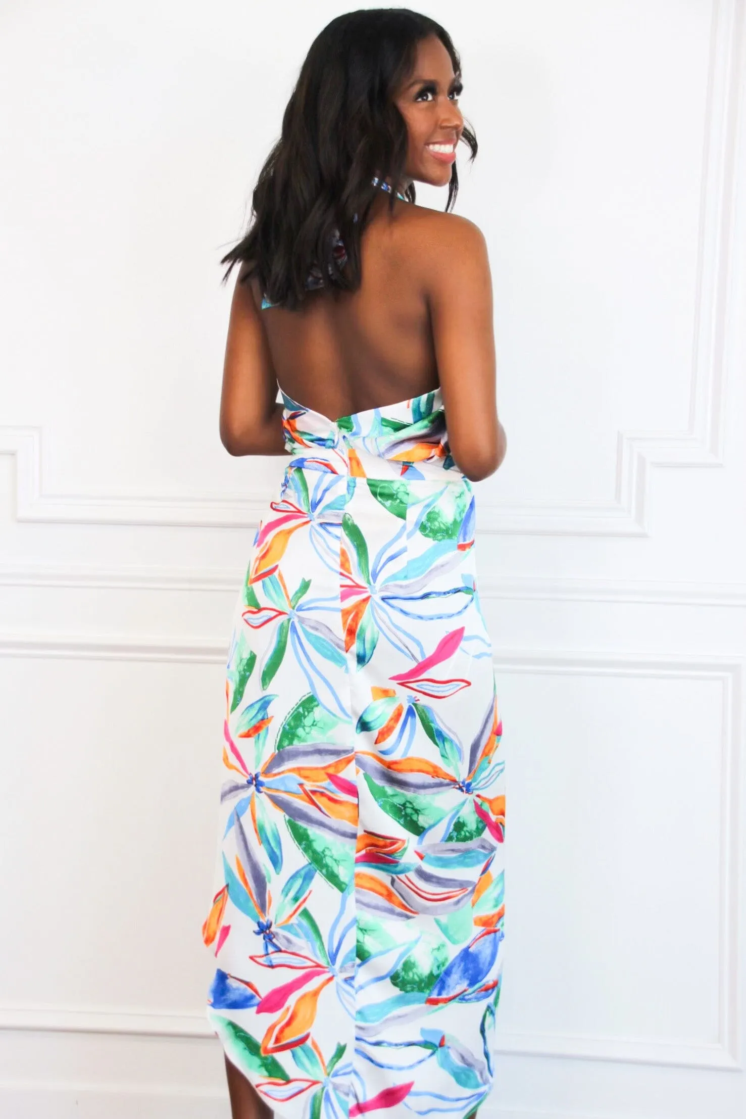 Hit the Tropics Floral Halter Midi Dress: White Multi sold by Bella and Bloom product image thumbnail 2