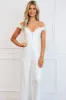 Good Luck Charm Sequin Off Shoulder Jumpsuit: White sold by Bella and Bloom