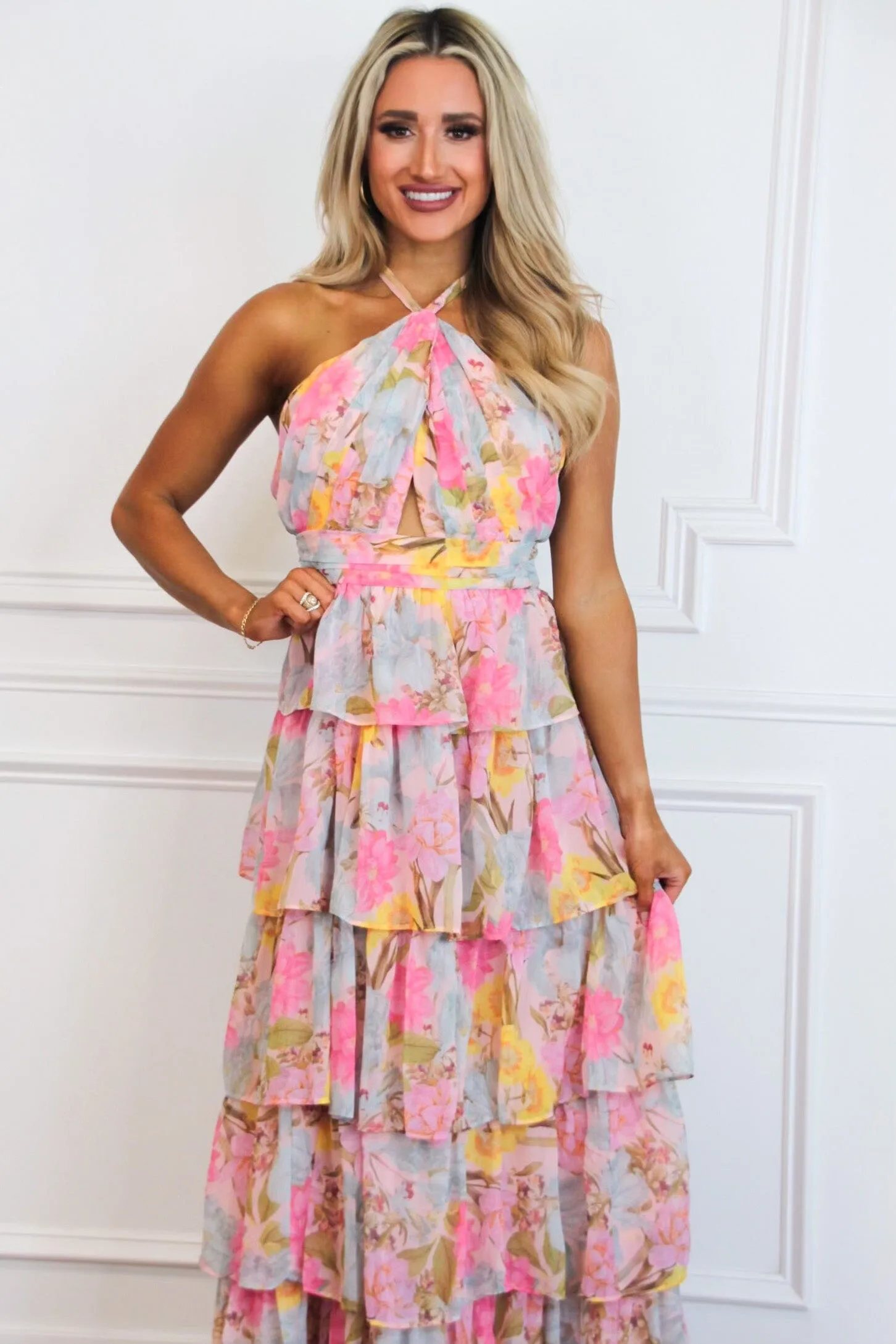 Sylvia Tiered Ruffle Floral Maxi Dress: Light Blue/Pink Multi sold by Bella and Bloom product image thumbnail 2
