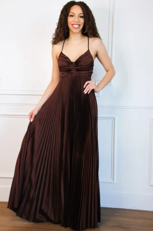 Pretty in Pleats Maxi Dress: Chocolate sold by Bella and Bloom