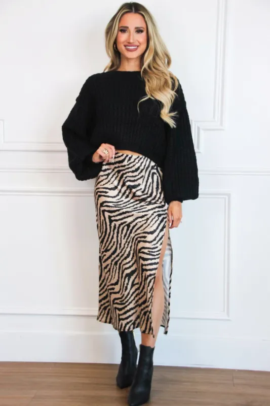 Chasing After You Zebra Satin Midi Skirt: Black Multi sold by Bella and Bloom