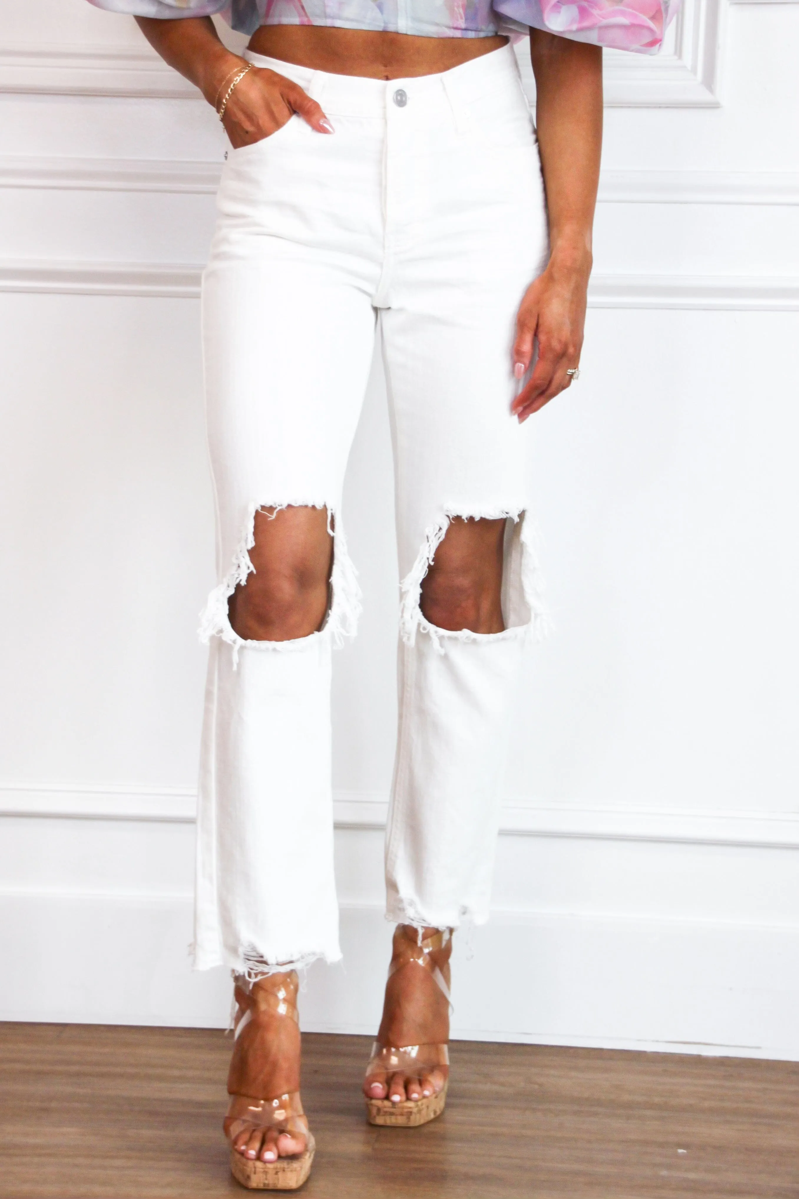 Meridian KanCan Distressed High Rise Denim: White sold by Bella and Bloom