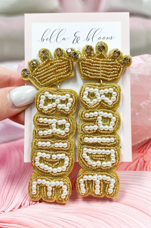 Beaded Crown Bride Statement Earrings: Gold sold by Bella and Bloom