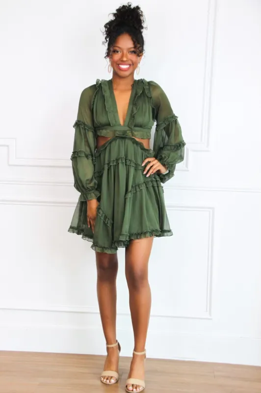 Isabella Ruffle Cutout Dress: Olive sold by Bella and Bloom