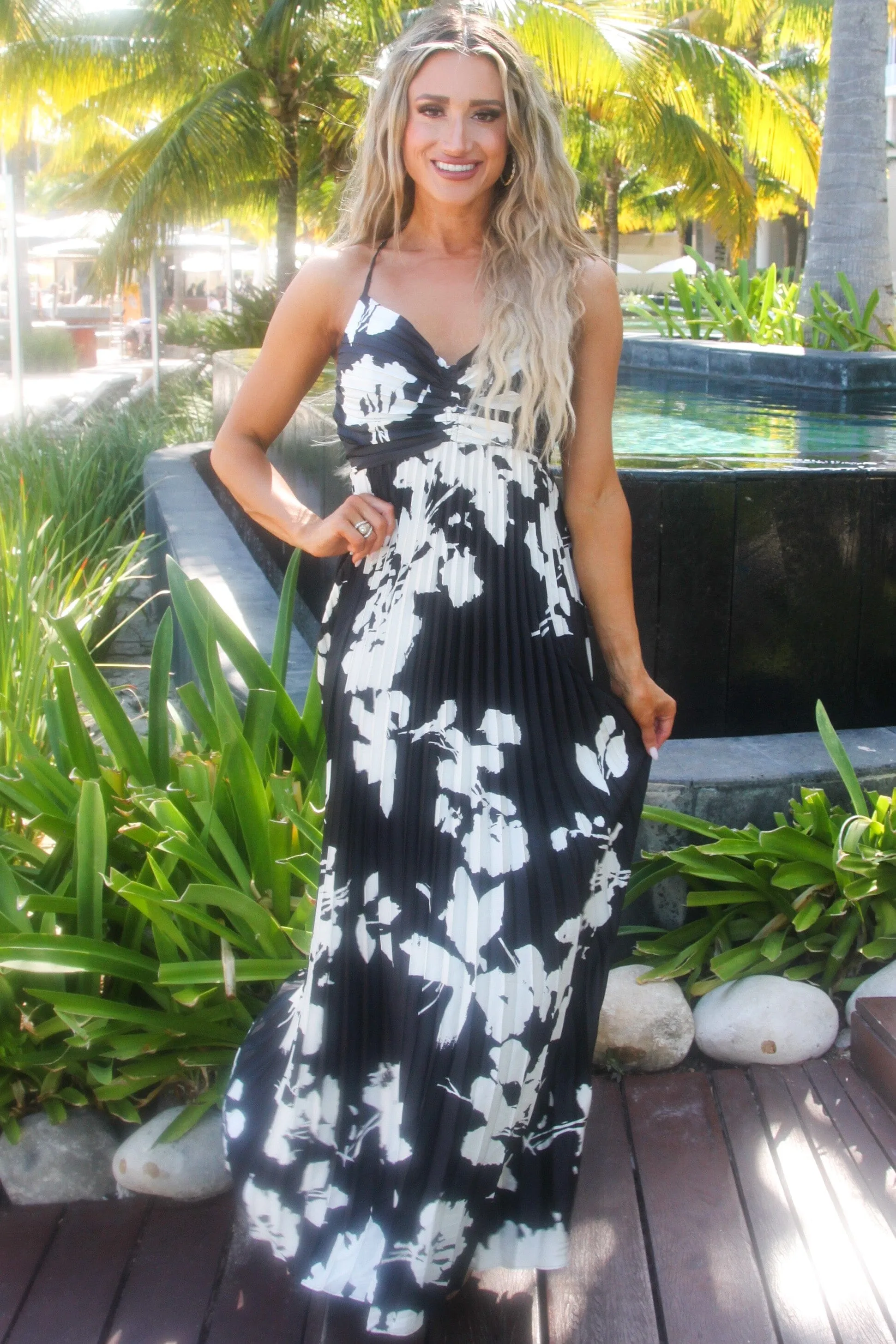 Pretty in Pleats Maxi Dress: Black/White sold by Bella and Bloom