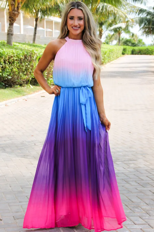 Dreamer Pleated Ombre Blouson Maxi Dress: Blue/Pink Multi sold by Bella and Bloom