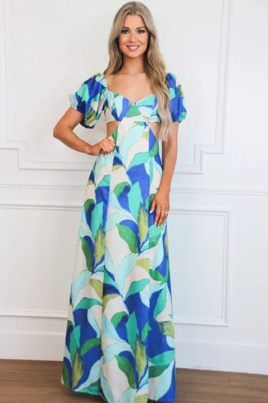 Eyes on Paradise Cutout Floral Maxi Dress: Blue Multi sold by Bella and Bloom