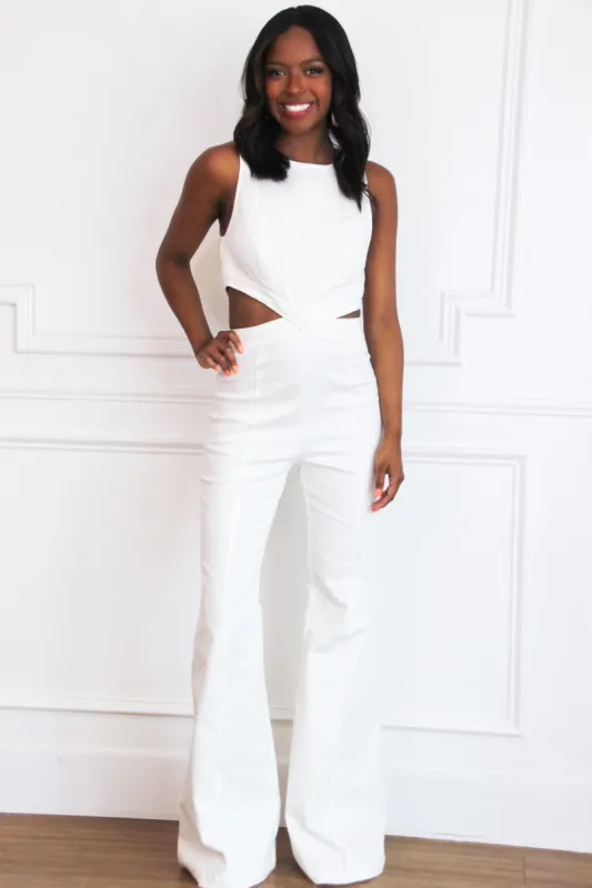 Kacey Cutout Denim Jumpsuit: White sold by Bella and Bloom