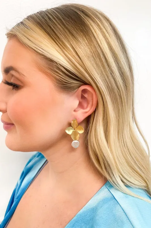 Amelia Flower Pearl Drop Earrings: Gold sold by Bella and Bloom