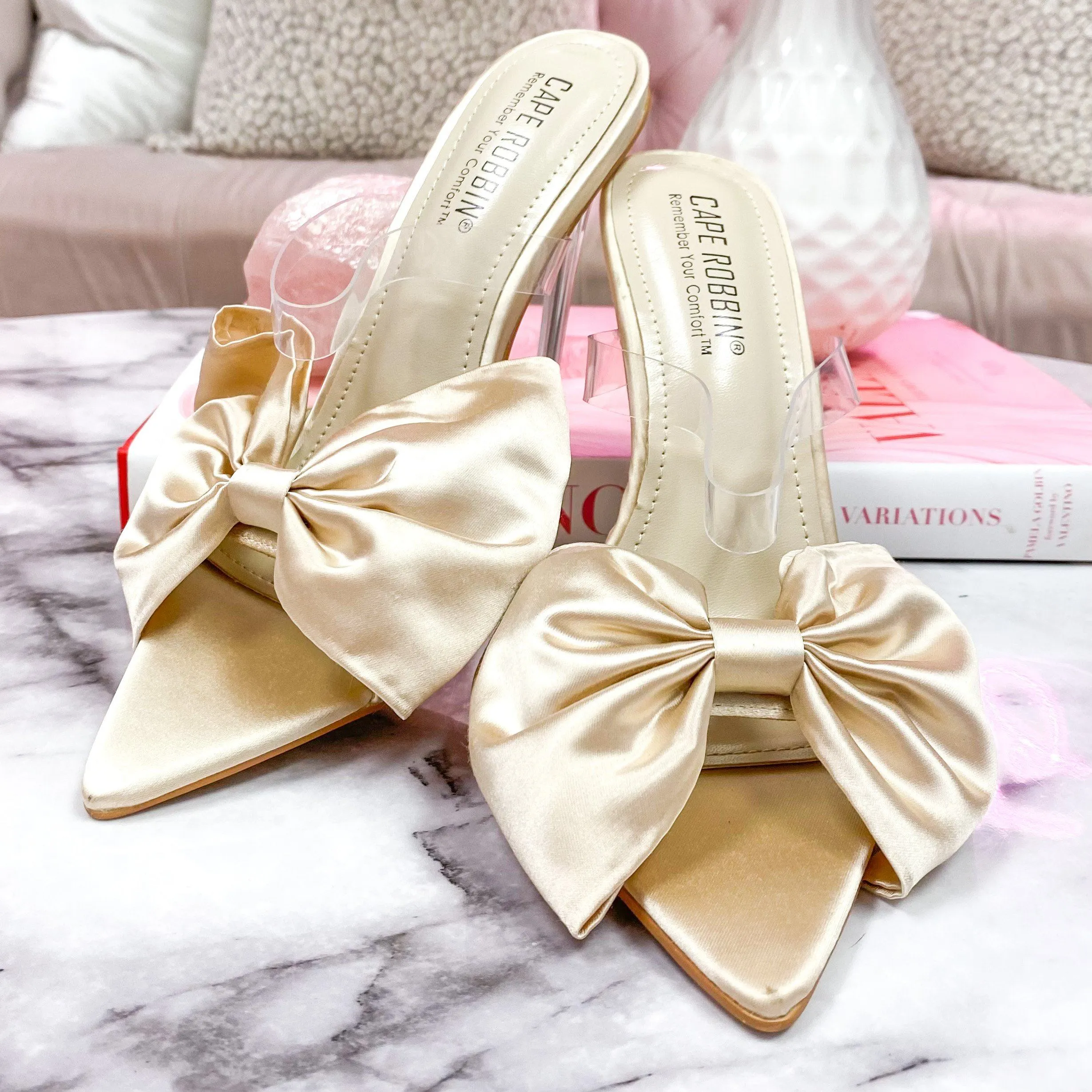 Blaire Satin Bow Heels: Champagne sold by Bella and Bloom