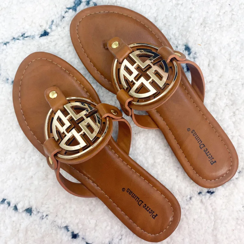 RESTOCK: Bryleigh Medallion Sandals: Cognac/Gold sold by Bella and Bloom