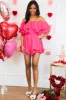 Channing Ruffle Off Shoulder Romper: Fuchsia sold by Bella and Bloom