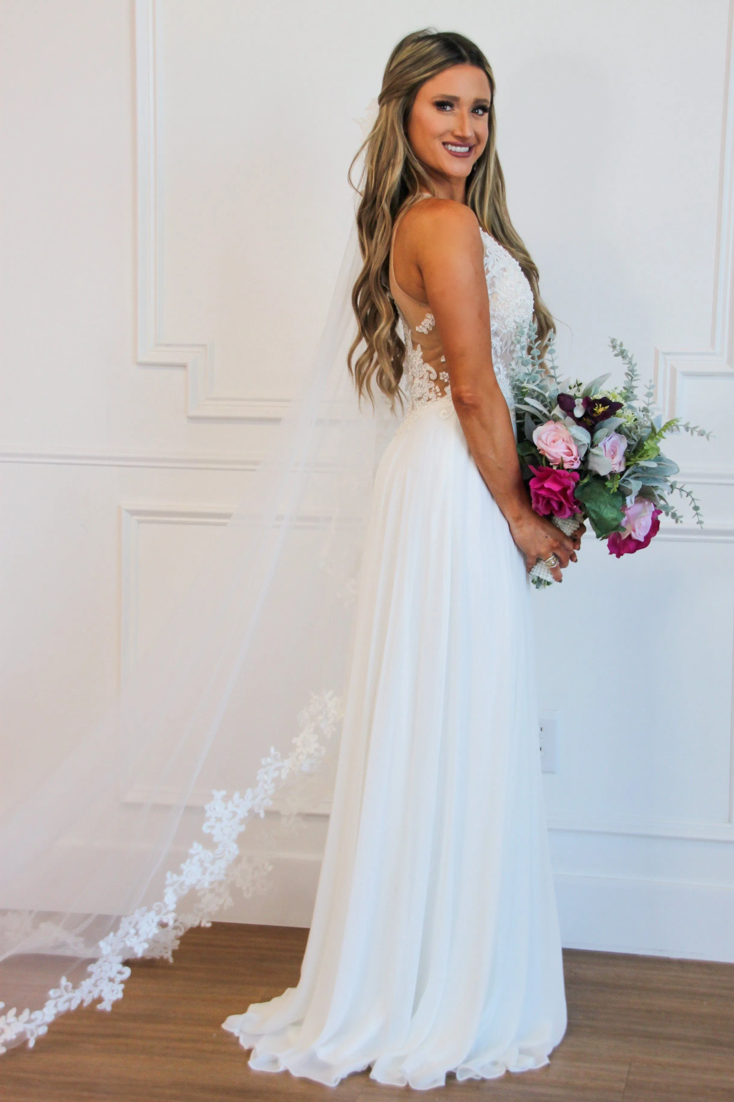 Blushing Bride Nude Illusion Chiffon Wedding Dress: White sold by Bella and Bloom product image thumbnail 4