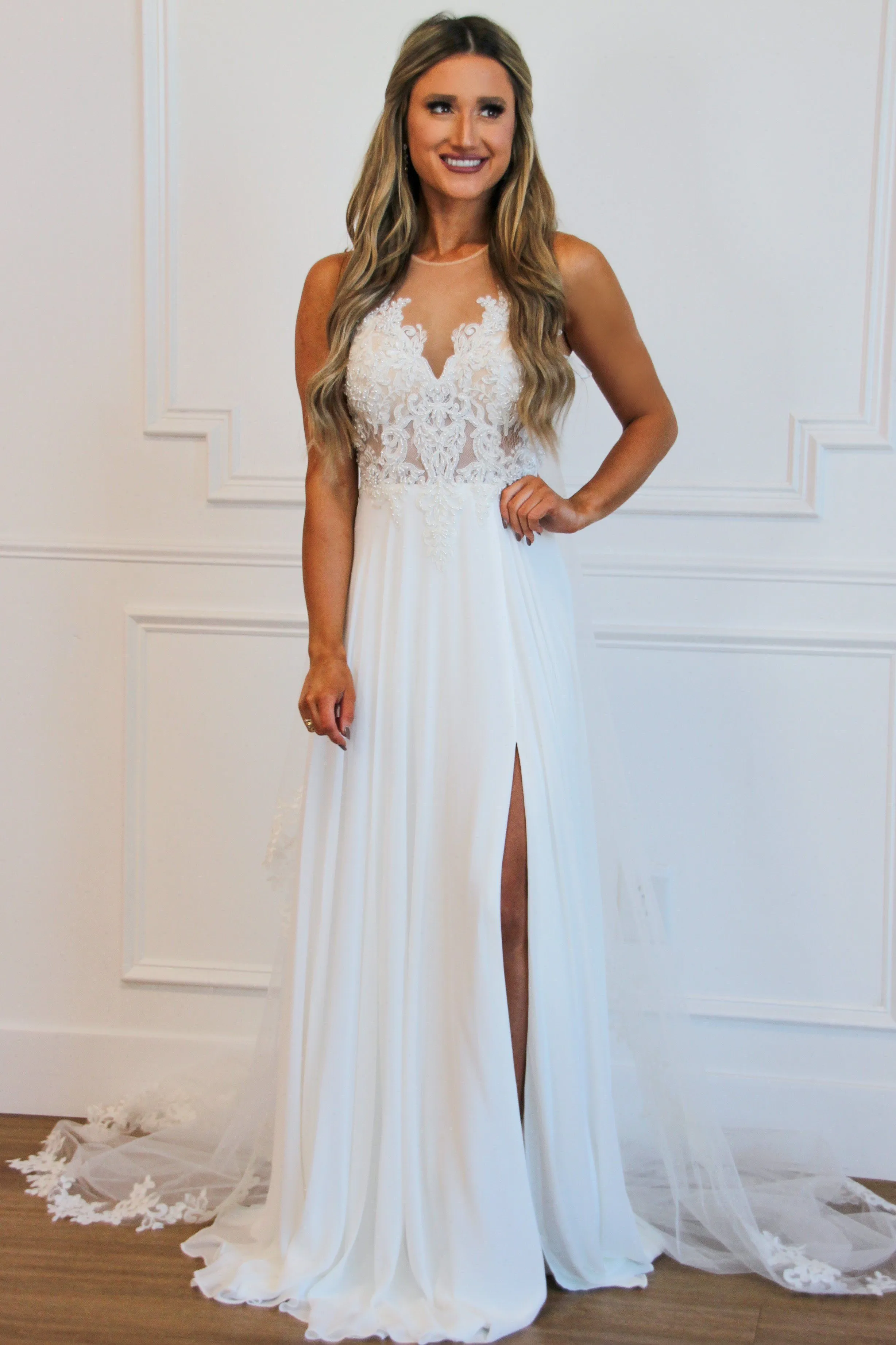 Blushing Bride Nude Illusion Chiffon Wedding Dress: White sold by Bella and Bloom