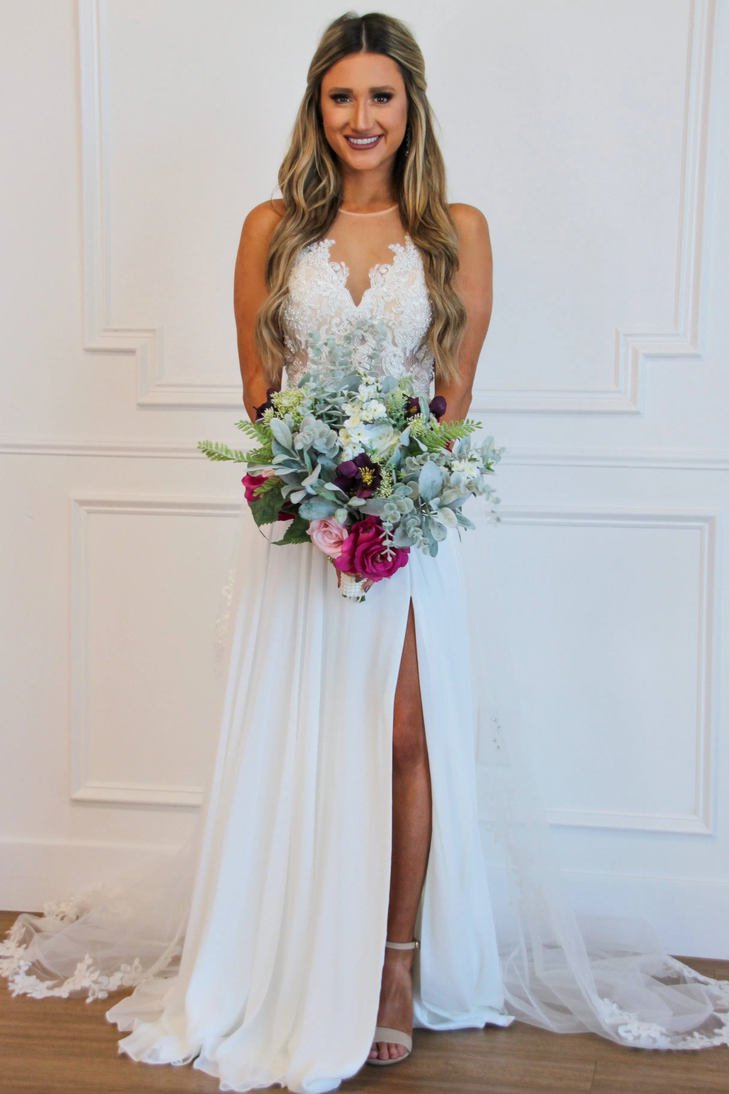 Blushing Bride Nude Illusion Chiffon Wedding Dress: White sold by Bella and Bloom product image thumbnail 5