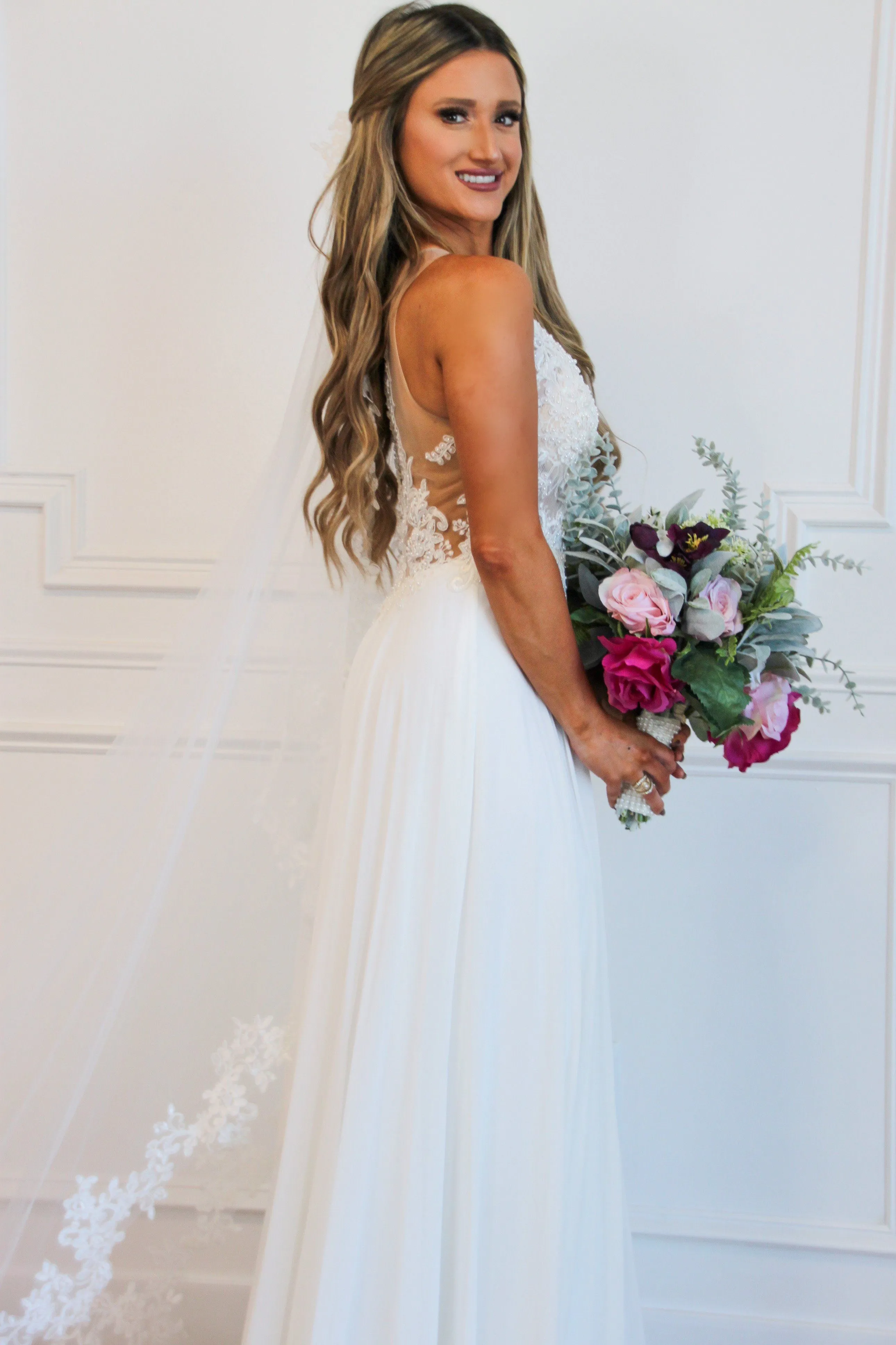 Blushing Bride Nude Illusion Chiffon Wedding Dress: White sold by Bella and Bloom product image thumbnail 2