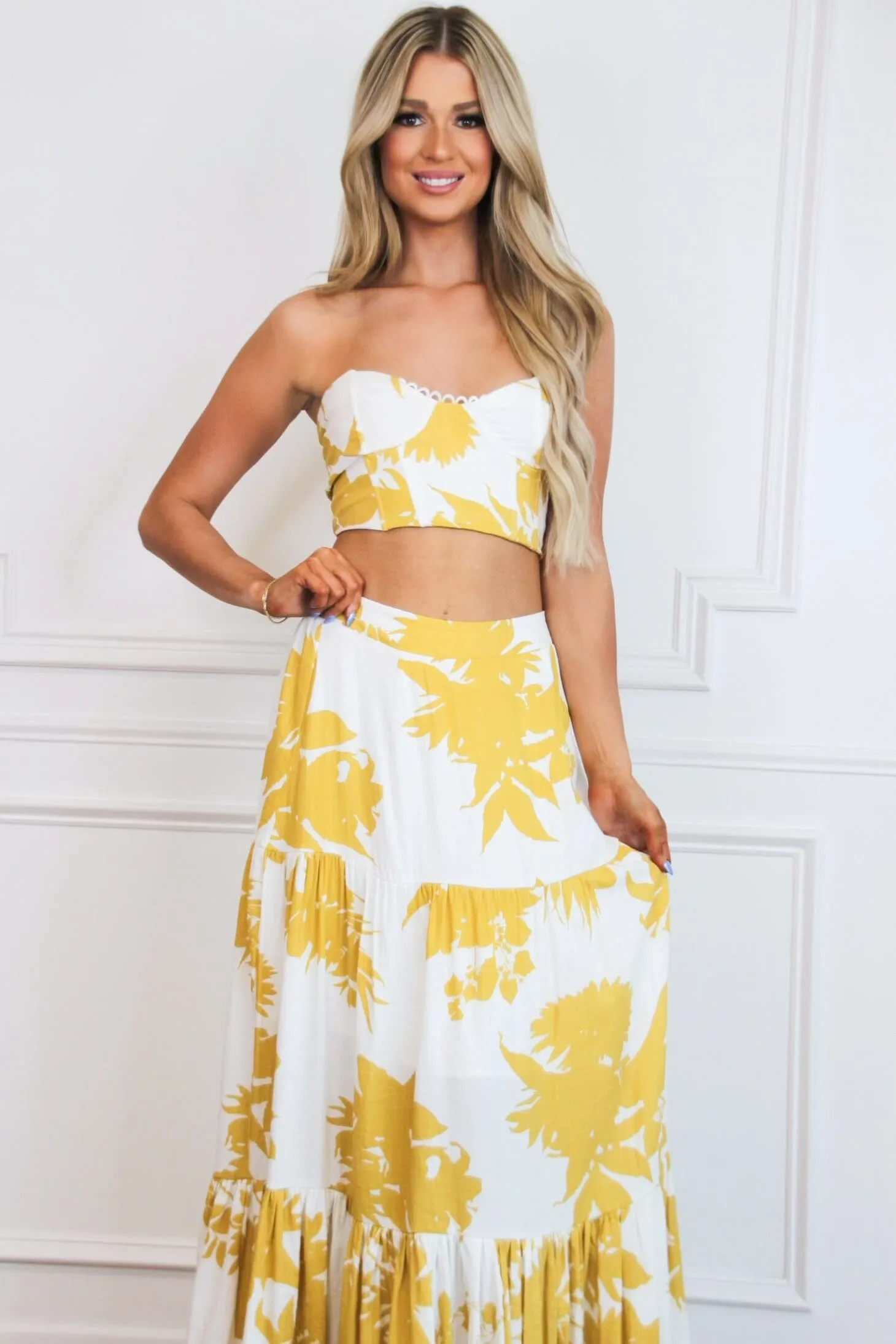 Bimini Floral Two Piece Set: White/Mustard sold by Bella and Bloom product image thumbnail 2