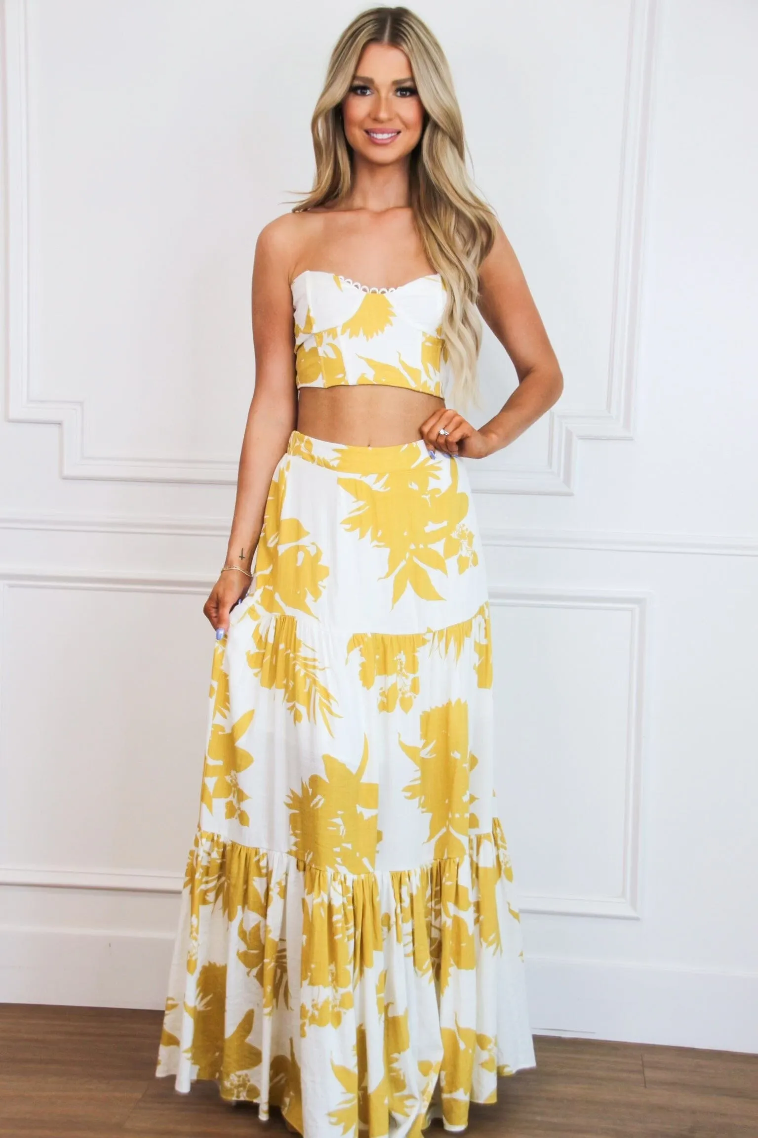 Bimini Floral Two Piece Set: White/Mustard sold by Bella and Bloom