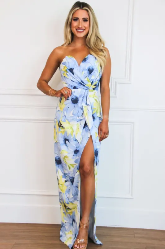 Lila Strapless Satin Floral Maxi Dress: Blue Multi sold by Bella and Bloom