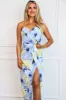 Lila Strapless Satin Floral Maxi Dress: Blue Multi sold by Bella and Bloom